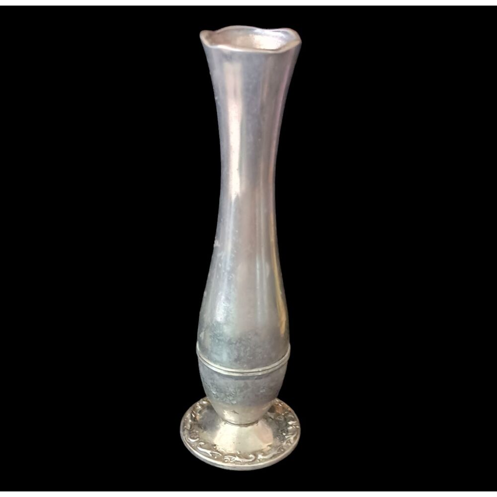 Vintage Bud Vase 7" Scalloped Top Pewter? Silver? 8 oz